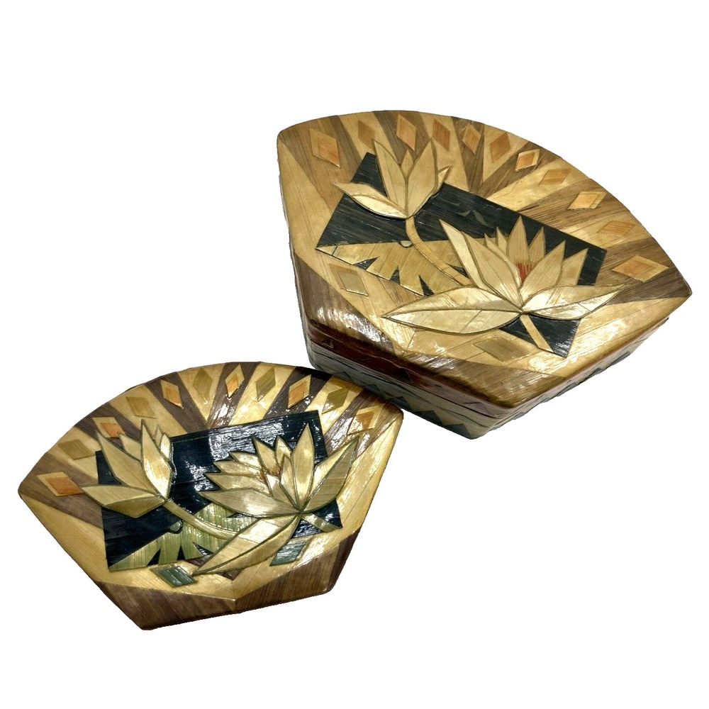 Vtg Set Of 2 Handmade Nesting Trinket Boxes Lotus Flower Bamboo Inlay Lacquered